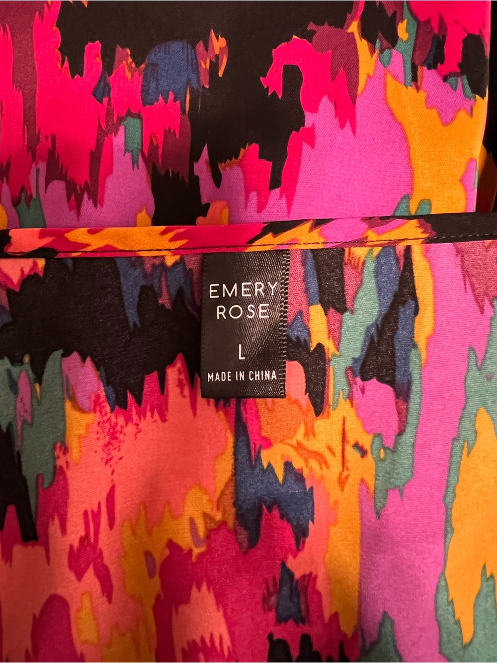 Emery Rose Faux Wrap Peplum Blouse L Black Abstract Print Colorful Stretch Waist - Picture 5 of 8